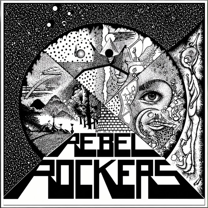 Coming Together by Rebel Rockers: a detailed black-and-white illustration of a Saint Lucian landscape set in a circle, with the band name lettered across the front