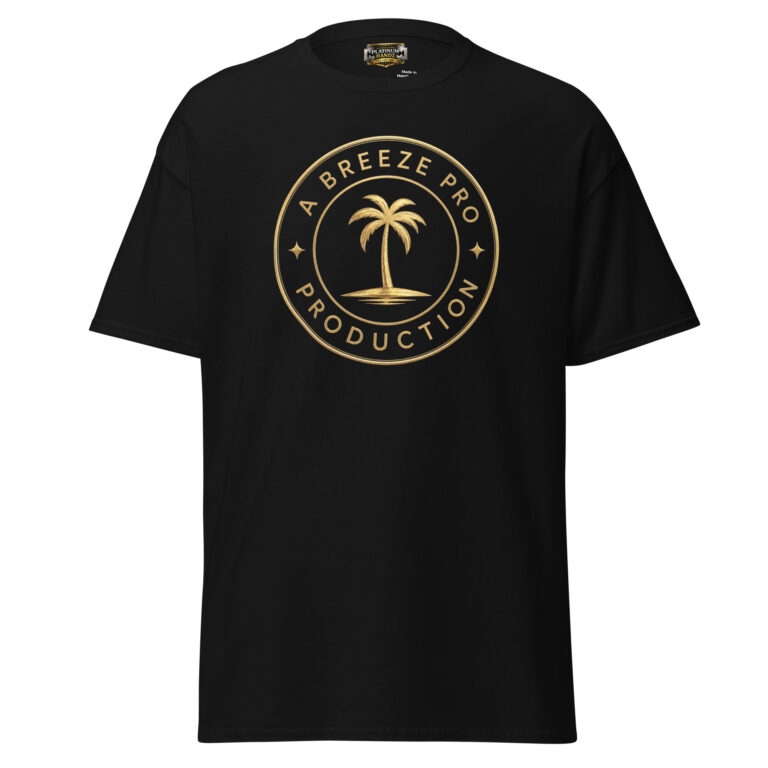 Black unisex classic tee printed with the gold A Breeze Pro Production palm-tree seal